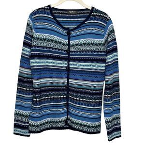 QINTI Sweater Womens Small Blue Multicolor 100% Baby Alpaca Button Cardigan Peru